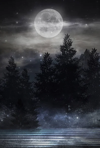 抽象的な森の風景と未来的な夜の風景 水の中に月明かりの反射と暗い自然の森のシーンは ネオン青の光 暗いネオンサークルの背景 暗い森 — ストック写真