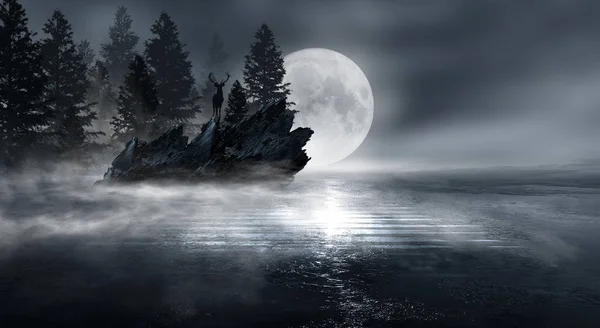 Soyut orman manzaralı fütürist gece manzarası. Karanlık doğal orman sahnesi, suda ay ışığının yansıması, neon mavi ışık. Karanlık neon çember arka plan, karanlık orman, geyik, ada.