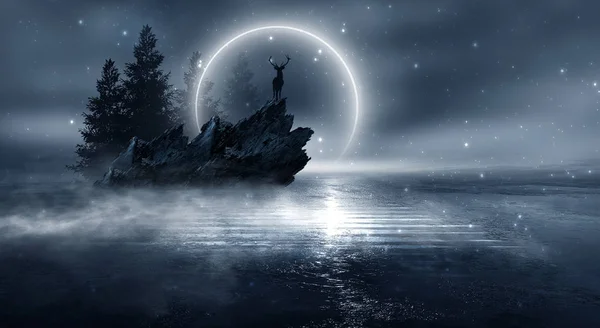 Футуристический Ночной Пейзаж Абстрактным Лесным Пейзажем Темная Естественная Лесная Сцена — стоковое фото