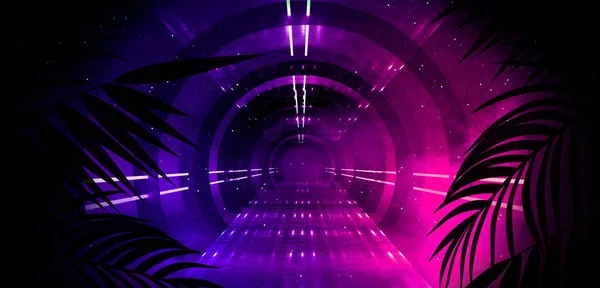 Pozadí Temné Místnosti Tunelu Chodby Neonové Lampy Lampy Tropické Listí — Stock fotografie