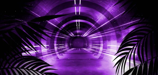 Karanlık Odanın Arka Planı Tünel Koridor Neon Işığı Lambalar Tropikal — Stok fotoğraf