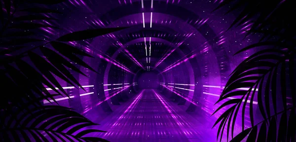 Tło Ciemnej Sali Tunelu Korytarza Światła Neonowego Lamp Tropikalnych Liści — Zdjęcie stockowe