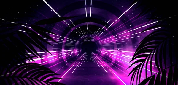 Achtergrond Van Donkere Kamer Tunnel Gang Neon Licht Lampen Tropische — Stockfoto