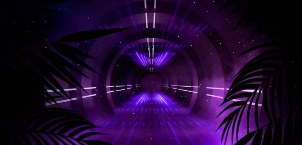 暗い部屋 トンネル ネオンライト ランプ 熱帯の葉の背景 新しい光を持つ抽象的な背景 レンダリング — ストック写真