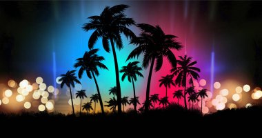 Neon soyut günbatımına sahip fütürist gece manzarası. Gece sahilde hindistan cevizi ağaçları silueti. Neon palmiye ağacı soyut ışığı.