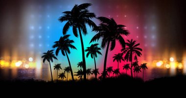 Neon soyut günbatımına sahip fütürist gece manzarası. Gece sahilde hindistan cevizi ağaçları silueti. Neon palmiye ağacı soyut ışığı.