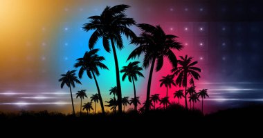 Neon soyut günbatımına sahip fütürist gece manzarası. Gece sahilde hindistan cevizi ağaçları silueti. Neon palmiye ağacı soyut ışığı.