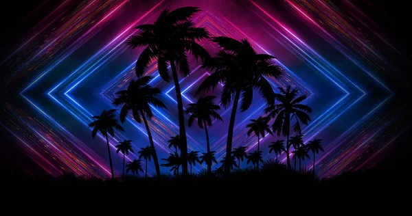 Futurystyczny Nocny Krajobraz Neonowym Abstrakcyjnym Zachodem Słońca Sylwetka Drzew Kokosowych — Zdjęcie stockowe