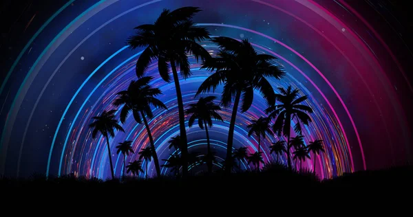 Futuristic Night Landscape Neon Abstract Sunset Coconut Trees Silhouette Beach — Stock Photo, Image