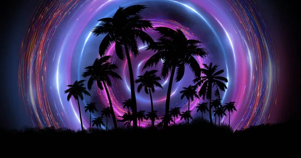 Futuristic Night Landscape Neon Abstract Sunset Coconut Trees Silhouette Beach — Stock Photo, Image