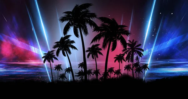 Futuristic Night Landscape Neon Abstract Sunset Coconut Trees Silhouette Beach — 스톡 사진