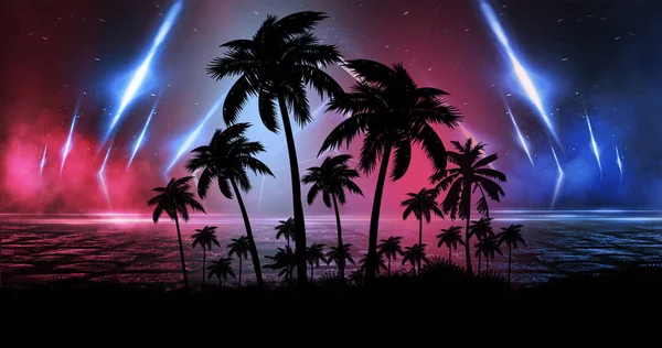 ネオン抽象的な夕日と未来的な夜の風景 夜にはビーチでココナッツの木のシルエット ネオンヤシ アブストラクトライト — ストック写真