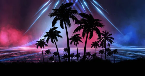Futuristic Night Landscape Neon Abstract Sunset Coconut Trees Silhouette Beach — Stock Photo, Image