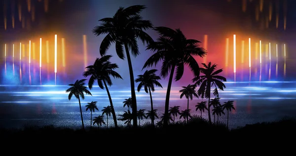 Paysage Nocturne Futuriste Avec Coucher Soleil Abstrait Néon Silhouette Cocotiers — Photo