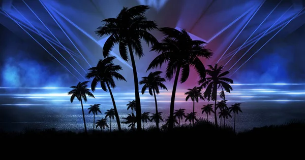ネオン抽象的な夕日と未来的な夜の風景 夜にはビーチでココナッツの木のシルエット ネオンヤシ アブストラクトライト — ストック写真