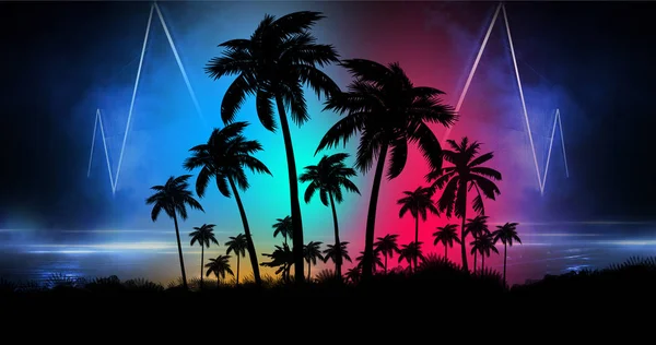 Futuristische Nächtliche Landschaft Mit Neon Abstrakten Sonnenuntergang Kokospalmen Silhouette Strand — Stockfoto