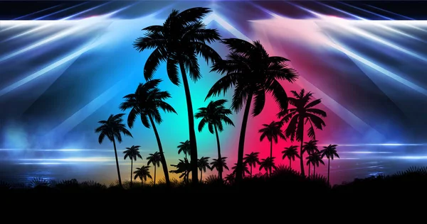 Futuristic night landscape with neon abstract sunset. Coconut trees silhouette on the beach at night. Neon palm tree abstract light.