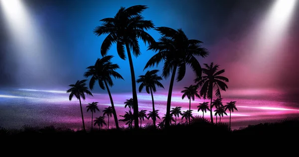 Futuristisch Nachtlandschap Met Neon Abstracte Zonsondergang Kokosbomen Silhouet Het Strand — Stockfoto