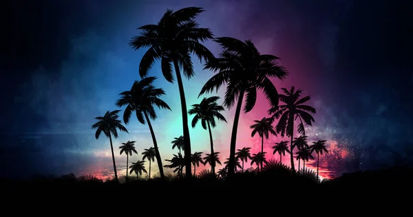 Futuristisch Nachtlandschap Met Neon Abstracte Zonsondergang Kokosbomen Silhouet Het Strand — Stockfoto