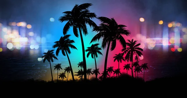 Futuristic Night Landscape Neon Abstract Sunset Coconut Trees Silhouette Beach — Stock Photo, Image