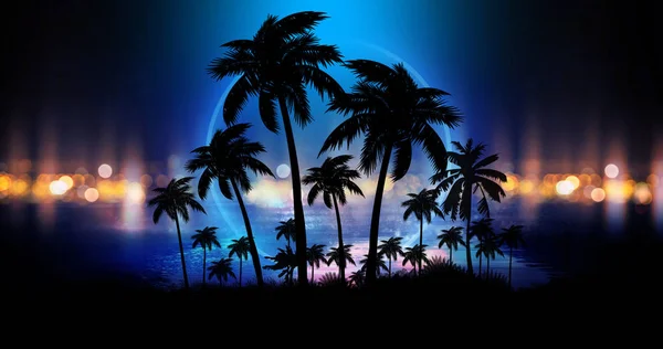 具有霓虹灯抽象日落的未来派夜景 晚上在海滩上的椰子树轮廓 霓虹棕榈树抽象光 — 图库照片
