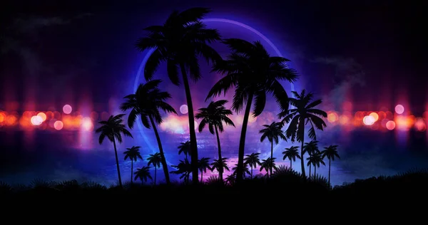 Futuristic Night Landscape Neon Abstract Sunset Coconut Trees Silhouette Beach — 스톡 사진