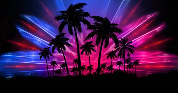 Futuristische Nächtliche Landschaft Mit Neon Abstrakten Sonnenuntergang Kokospalmen Silhouette Strand — Stockfoto