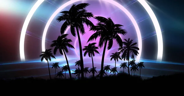 Futuristic Night Landscape Neon Abstract Sunset Coconut Trees Silhouette Beach — 스톡 사진