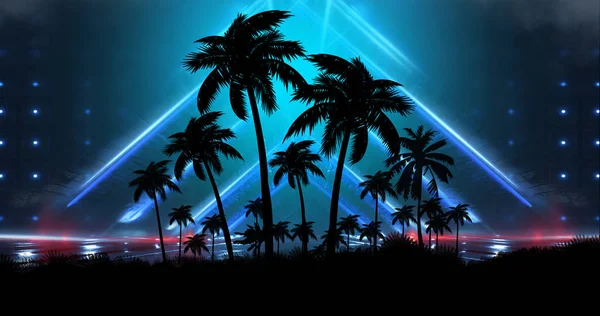 Futurystyczny Nocny Krajobraz Neonowym Abstrakcyjnym Zachodem Słońca Sylwetka Drzew Kokosowych — Zdjęcie stockowe
