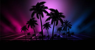 Neon soyut günbatımına sahip fütürist gece manzarası. Gece sahilde hindistan cevizi ağaçları silueti. Neon palmiye ağacı soyut ışığı.