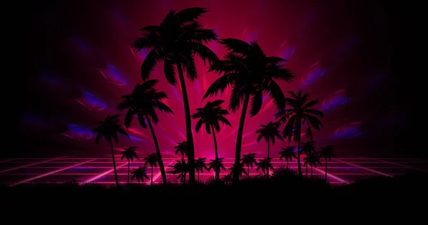 Futuristic night landscape with neon abstract sunset. Coconut trees silhouette on the beach at night. Neon palm tree abstract light.