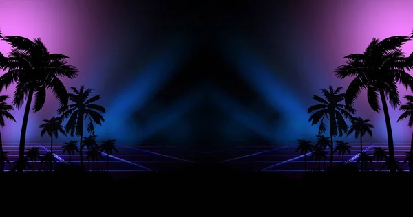Paisagem Noturna Futurista Com Neon Sunset Abstrato Silhueta Coqueiros Praia — Fotografia de Stock