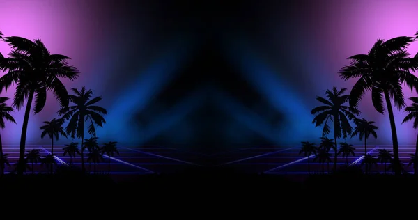 Futuristic Night Landscape Neon Abstract Sunset Coconut Trees Silhouette Beach — Stock Photo, Image