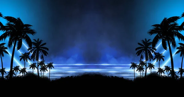 Futuristic night landscape with neon abstract sunset. Coconut trees silhouette on the beach at night. Neon palm tree abstract light.