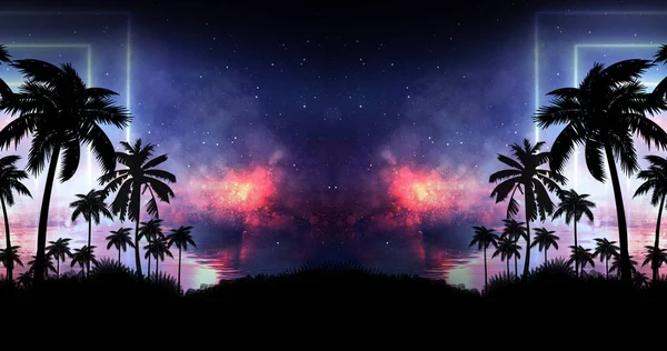 Futuristic night landscape with neon abstract sunset. Coconut trees silhouette on the beach at night. Neon palm tree abstract light.