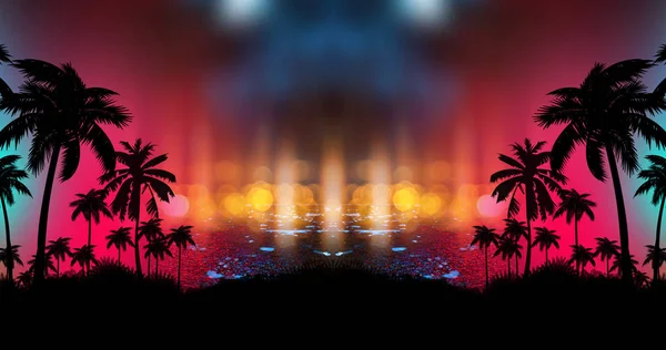 Futuristische Nächtliche Landschaft Mit Neon Abstrakten Sonnenuntergang Kokospalmen Silhouette Strand — Stockfoto