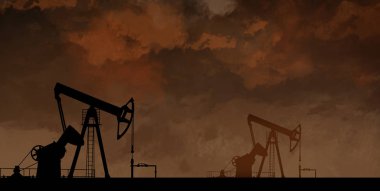 Petrol, endüstriyel petrol üretim tesisi. Soyut arka plan, gece görüşü. Holografik görüntü şeklinde ek gerçeklik, bir nesnenin tanınması. Neon