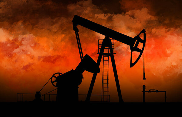 Oil, an industrial oil production facility. Abstract background, night view. Additional reality in the form of a holographic display, the recognition of an object. Neon