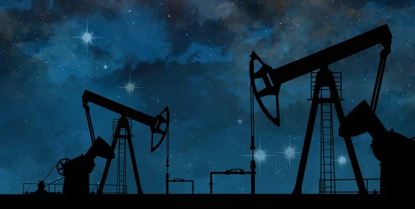 Oil, an industrial oil production facility. Abstract background, night view. Additional reality in the form of a holographic display, the recognition of an object. Neon