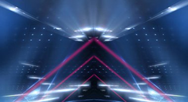 Çizgileri ve ışıkları olan karanlık bir arka plan, neon ışığı, gece görüşü. Soyut mavi arkaplan.