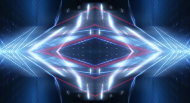 Çizgileri ve ışıkları olan karanlık bir arka plan, neon ışığı, gece görüşü. Soyut mavi arkaplan.