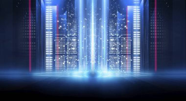 Çizgileri ve ışıkları olan karanlık bir arka plan, neon ışığı, gece görüşü. Soyut mavi arkaplan.