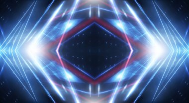 Çizgileri ve ışıkları olan karanlık bir arka plan, neon ışığı, gece görüşü. Soyut mavi arkaplan.