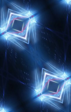 Soyut fütürist mavi neon arkaplan. Çizgiler ve ışık ışınları. Soyut ışık. Merkezde boş sahne ışığı elementi. Gece görünümü.