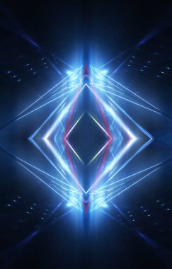 Soyut fütürist mavi neon arkaplan. Çizgiler ve ışık ışınları. Soyut ışık. Merkezde boş sahne ışığı elementi. Gece görünümü.