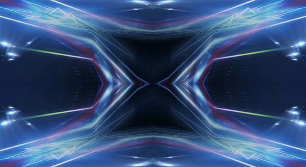 Tmavé Pozadí Liniemi Reflektory Neonové Světlo Noční Pohled Abstraktní Modré — Stock fotografie