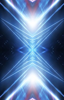 Soyut fütürist mavi neon arkaplan. Çizgiler ve ışık ışınları. Soyut ışık. Merkezde boş sahne ışığı elementi. Gece görünümü.