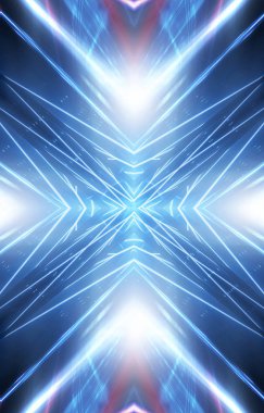 Soyut fütürist mavi neon arkaplan. Çizgiler ve ışık ışınları. Soyut ışık. Merkezde boş sahne ışığı elementi. Gece görünümü.