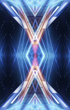 Boş sahne gösterisinin arka planı. Neon mavisi, mor ışık ve lazer gösterisi. Karanlık bir arka planda lazer fütüristik şekiller. Neon parıltısıyla soyut koyu arkaplan