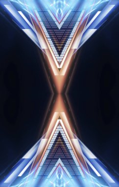 Boş sahne gösterisinin arka planı. Neon mavisi, mor ışık ve lazer gösterisi. Karanlık bir arka planda lazer fütüristik şekiller. Neon parıltısıyla soyut koyu arkaplan